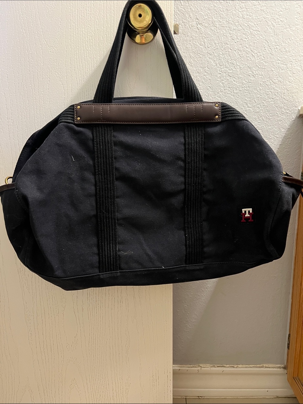 Tommy Hilfiger Black Canvas Duffel with Brown Leather Trim